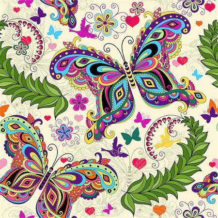 floral bird pattern - Seamless valentine pattern with colorful vintage butterflies and flowers and hearts (vector) Photographie de stock - Aubaine LD & Abonnement, Code: 400-06696007