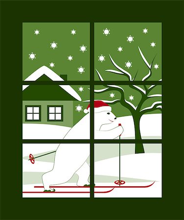 snowflakes on window - vector christmas bear skier outside the window, Adobe Illustrator 8 format Photographie de stock - Aubaine LD & Abonnement, Code: 400-06696097