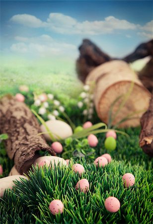 Colorful Easter eggs. Holiday nature concept with easter hunt. Eggs in the sunny meadow Stockbilder - Microstock & Abonnement, Bildnummer: 400-06696321