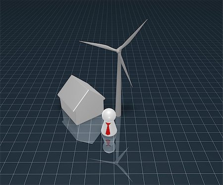 wind turbine, house and play figure with red tie - 3d illustration Stock Photo - Budget Royalty-Free & Subscription, Code: 400-06696383