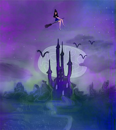 Witch flying on a broom in moonlight. Stockbilder - Microstock & Abonnement, Bildnummer: 400-06696466