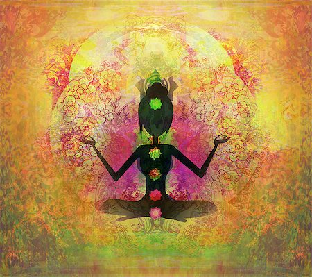 Yoga lotus pose. Padmasana with colored chakra points. Stock Photo - Budget Royalty-Free & Subscription, Code: 400-06696475