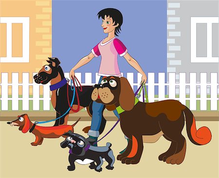 simsearch:400-09081887,k - The young cheerful girl walks four dogs  of various breeds along buildings. All layers separate, are easily edited, gradients aren't present. Fotografie stock - Microstock e Abbonamento, Codice: 400-06696624