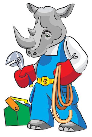 Cartoon rhinoceros is the plumber with  an adjustable spanner and a hose, all layers separately, it is easy to change color and the size, gradients and transparency are not present Stock Photo - Budget Royalty-Free & Subscription, Code: 400-06696623