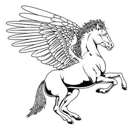 Pegasus horse with wings rearing on its back legs in black and white outline Photographie de stock - Aubaine LD & Abonnement, Code: 400-06698962