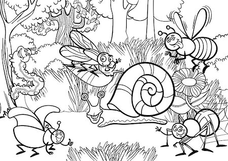 school black and white cartoons - Black and White Cartoon Illustration of Funny Insects or Bugs on the Meadow Natural Rural Backgroung Scene for Coloring Book Stock Photo - Budget Royalty-Free & Subscription, Code: 400-06699578
