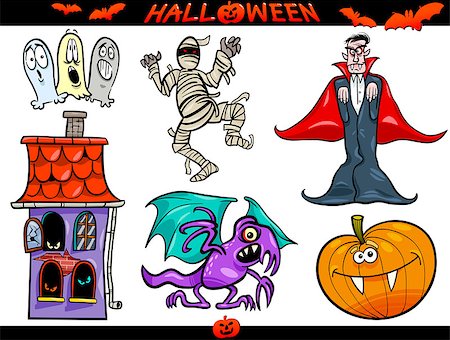 simsearch:400-04203876,k - Cartoon Illustration of Halloween Holiday Themes, Vampire or Count Dracula, Mummy, Haunted House, Basilisk or Monster, Pumpkin and Ghosts Stock Photo - Budget Royalty-Free & Subscription, Code: 400-06699602