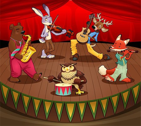 recital - Musician animals on stage. Vector and cartoon illustration. Fotografie stock - Microstock e Abbonamento, Codice: 400-06699685