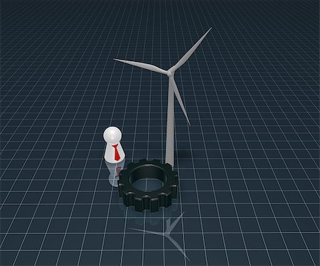 wind turbine, cogwheel and play figure with red tie - 3d illustration Stock Photo - Budget Royalty-Free & Subscription, Code: 400-06699721
