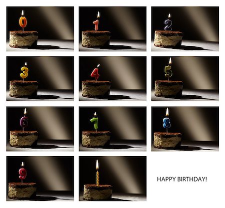 Collage of birthday candles with numbers from 0 to 9 in a tiramisu cake. Beautiful vintage-style backlight. Stock Photo - Budget Royalty-Free & Subscription, Code: 400-06699779
