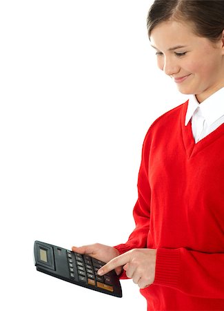 Cropped image of smiling schoolgirl using calculator Stock Photo - Budget Royalty-Free & Subscription, Code: 400-06699816