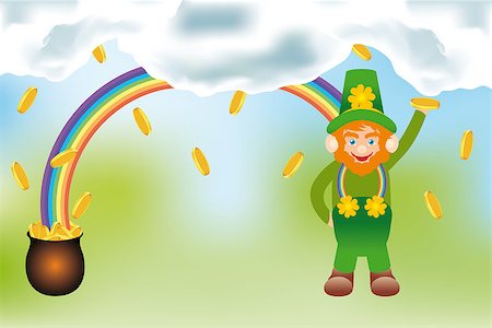 simsearch:400-06569677,k - The gold of the Leprechaun - detailed eps10 vector illustration with rainbow, cnome gold coins, pot of gold and rainbow in a irish landscape under cloudy sky Stock Photo - Budget Royalty-Free & Subscription, Code: 400-06691750