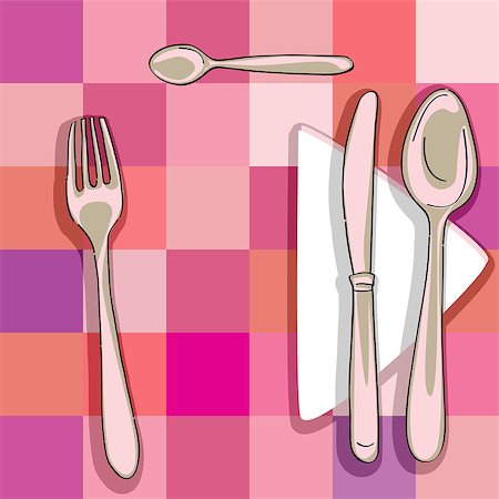 hand drawn illustration of a cutlery series over a kitchen pattern with squares Photographie de stock - Aubaine LD & Abonnement, Code: 400-06692285