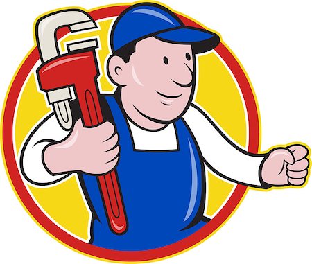 simsearch:400-07428607,k - Illustration of a plumber with monkey wrench done in cartoon style on isolated background set inside circle. Stock Photo - Budget Royalty-Free & Subscription, Code: 400-06692416