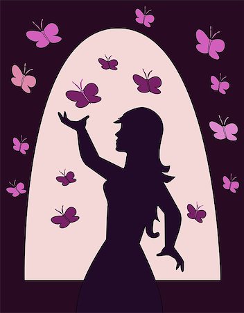 simsearch:400-07975760,k - Silhouette of a girl standing in a     window surrounded by butterflies. Fotografie stock - Microstock e Abbonamento, Codice: 400-06693079