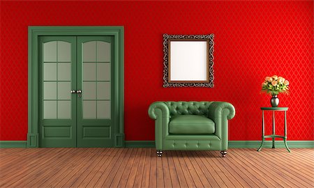 simsearch:400-06396983,k - Red and green vintage room with armchair and sliding door Stock Photo - Budget Royalty-Free & Subscription, Code: 400-06700003