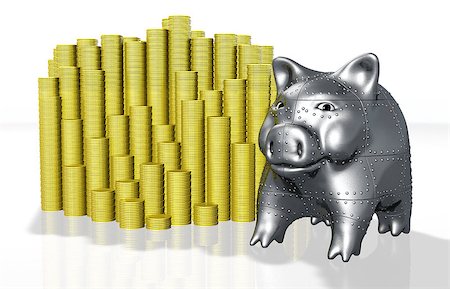 simsearch:400-07574972,k - an armored piggy bank with a confident attitude stands next to stacks of coins as to protect them from theft Stock Photo - Budget Royalty-Free & Subscription, Code: 400-06700052