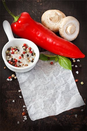 White paper with fresh mushrooms and paprika for note or recipe. Stock Photo - Budget Royalty-Free & Subscription, Code: 400-06700961