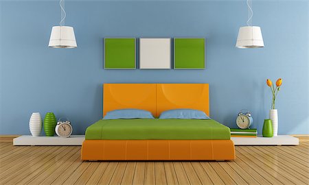 simsearch:400-04196177,k - Contemporary  bedroom with colorful double bed - rendering Foto de stock - Super Valor sin royalties y Suscripción, Código: 400-06700981
