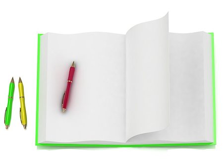 simsearch:400-08378888,k - Open notepad green and 3 colored pens on a white background Stock Photo - Budget Royalty-Free & Subscription, Code: 400-06701219