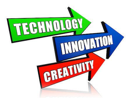 technology, innovation, creativity - text in 3d color arrows, business concept Foto de stock - Super Valor sin royalties y Suscripción, Código: 400-06701387