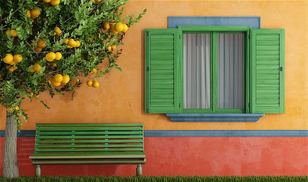 Colorful  old house with  wooden window and green bench - rendering Stock Photo - Budget Royalty-Free & Subscription, Code: 400-06701536