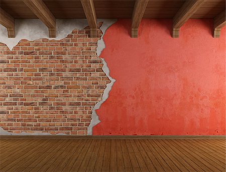 Empty room with old cracked wall and wooden ceiling - rendering Stock Photo - Budget Royalty-Free & Subscription, Code: 400-06701530