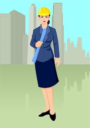 Vector illustration of an architect holding a blueprint with buildings landmark as the background Stock Photo - Budget Royalty-Free & Subscription, Code: 400-06736309