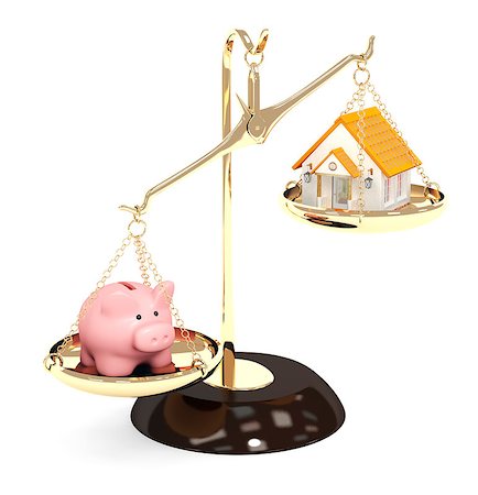 scale 3d - Piggy bank and house on bowls of scales. Isolated over white Stock Photo - Budget Royalty-Free & Subscription, Code: 400-06736607