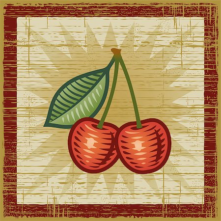 simsearch:400-05751294,k - Retro cherries on wooden background. Vector illustration in woodcut style. Foto de stock - Super Valor sin royalties y Suscripción, Código: 400-06736763