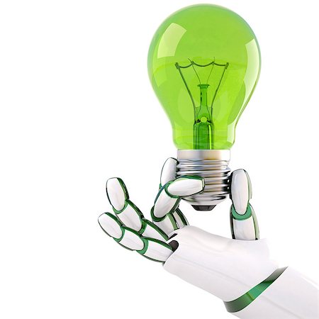 green light bulb in the hand of the robot. Isolated on white. Stock Photo - Budget Royalty-Free & Subscription, Code: 400-06736975