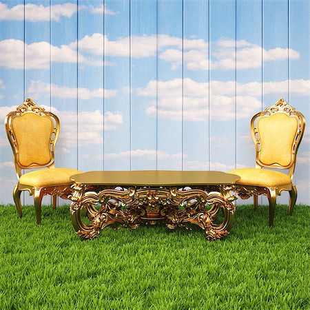 wooden wall with painted sky and floor from the green grass. on the grass stands a luxury chairs and table. Stock Photo - Budget Royalty-Free & Subscription, Code: 400-06736997