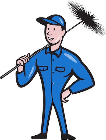 simsearch:400-06737646,k - Illustration of a chimney sweeper cleaner worker with sweep broom viewed from front done in cartoon style. Foto de stock - Super Valor sin royalties y Suscripción, Código: 400-06737646