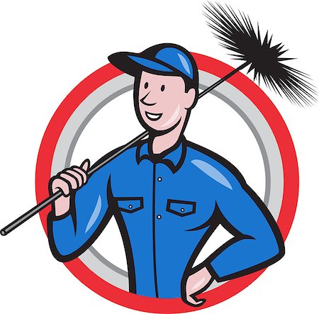 simsearch:400-06737646,k - Illustration of a chimney sweeper cleaner worker with sweep broom viewed from front set inside circle done in cartoon style. Foto de stock - Super Valor sin royalties y Suscripción, Código: 400-06737647