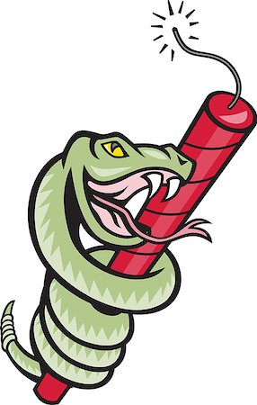 Illustration of a rattle snake coiling on dynamite stick about to explode done in cartoon style. Stock Photo - Budget Royalty-Free & Subscription, Code: 400-06737659