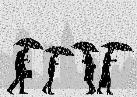 Editable vector illustration of people on a city street walking through rain with umbrellas Stock Photo - Budget Royalty-Free & Subscription, Code: 400-06737727
