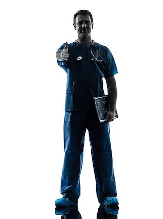 doctor shaking hands full body - one caucasian man doctor surgeon medical worker standing full length gesturing handshake silhouette isolated on white background Stock Photo - Budget Royalty-Free & Subscription, Code: 400-06737970
