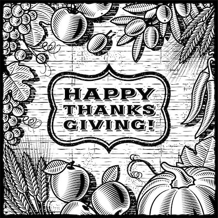 Thanksgiving retro card in woodcut style. Black and white vector illustration with clipping mask. Photographie de stock - Aubaine LD & Abonnement, Code: 400-06738113