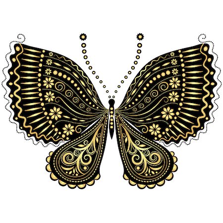 Decorative fantasy gold and black vintage butterfly on white(vector) Stock Photo - Budget Royalty-Free & Subscription, Code: 400-06738616