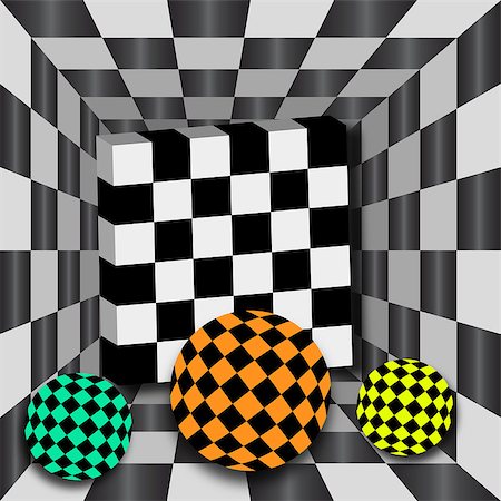 Checkerboard tunnel with 3D cube and three color spheres. Background for chessboard. Stock Photo - Budget Royalty-Free & Subscription, Code: 400-06739305