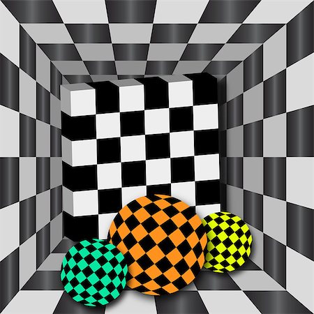 Checkerboard tunnel with 3D cube and three spheres of different color. Background for chessboard. Stock Photo - Budget Royalty-Free & Subscription, Code: 400-06739306