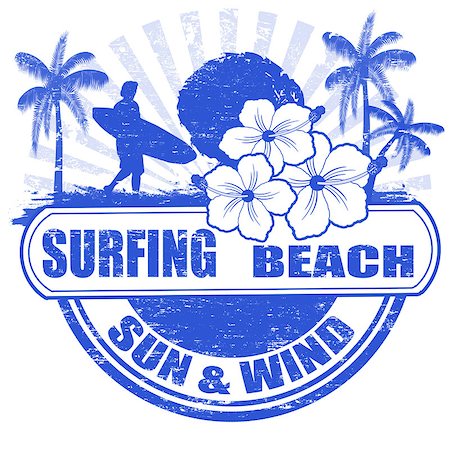 Surfing beach grunge rubber stamp with palms, hibiscus flowers and surfer, vector illustration Stock Photo - Budget Royalty-Free & Subscription, Code: 400-06739491