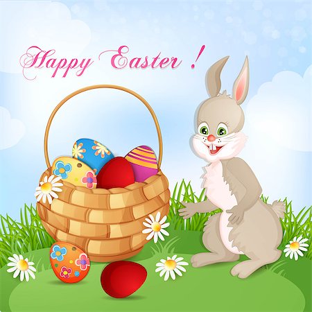Easter greeting card with cute bunny and basket with Easter eggs Stock Photo - Budget Royalty-Free & Subscription, Code: 400-06739799
