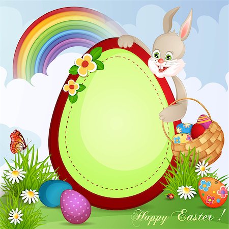 Easter greeting card with cute bunny and basket with Easter eggs Stock Photo - Budget Royalty-Free & Subscription, Code: 400-06739800