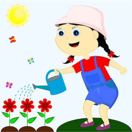 sunny day happy girl watering red flowers Stock Photo - Budget Royalty-Free & Subscription, Code: 400-06733533