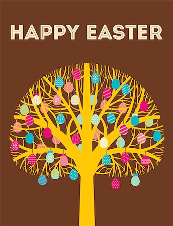 simsearch:400-07306161,k - Yellow Happy Easter tree greeting card with eggs in warm colours. Vector Illustration Foto de stock - Super Valor sin royalties y Suscripción, Código: 400-06745361