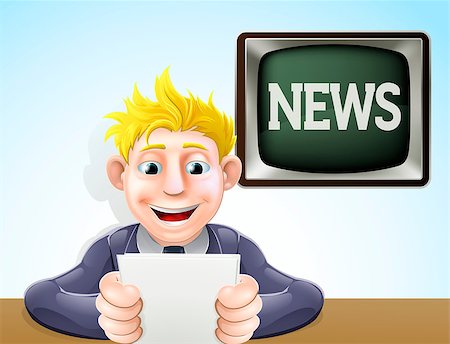 An illustration of a cartoon television news reader holding his notes in front of a screen reading news Stock Photo - Budget Royalty-Free & Subscription, Code: 400-06745445
