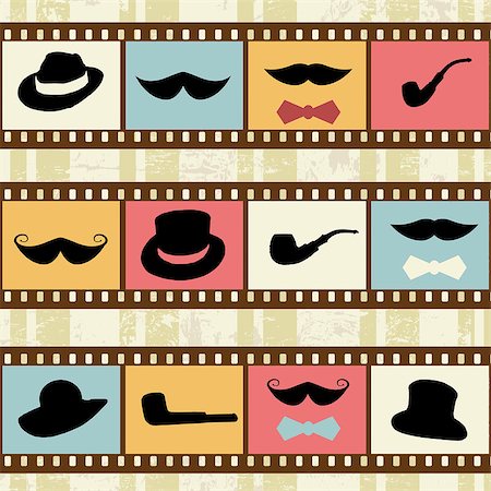 Retro background with film strips, mustaches hats and pipes, vector illustration Stock Photo - Budget Royalty-Free & Subscription, Code: 400-06745579