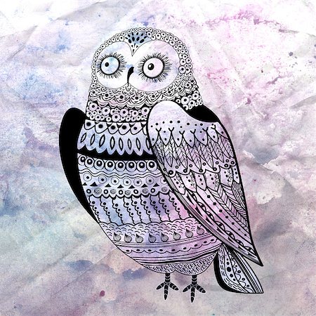 pattern art owl - Excellent visual ornamental owl on textural watercolor background Stock Photo - Budget Royalty-Free & Subscription, Code: 400-06745705