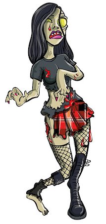Ghoulish punk girl zombie with dripping blood in her punk rocker clothes walking towards the viewer, cartoon illustration isolated on white Stock Photo - Budget Royalty-Free & Subscription, Code: 400-06745755